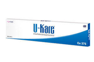 Pack of U-Kare Cu 375 intrauterine contraceptive device (IUD) by DKT India, two units.